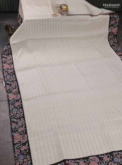 Off White & Black Semi Tussar Embroidery Saree - Printed Blouse