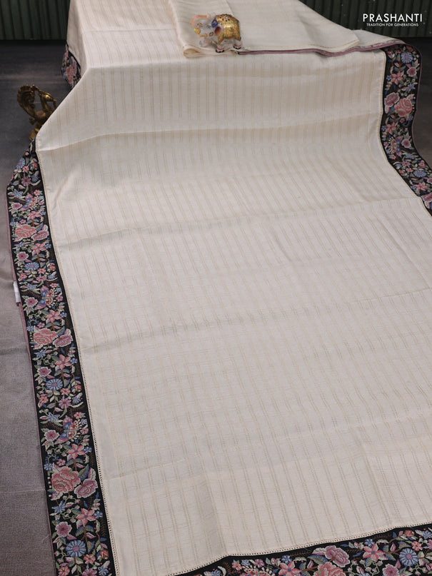 Off White & Black Semi Tussar Embroidery Saree - Printed Blouse