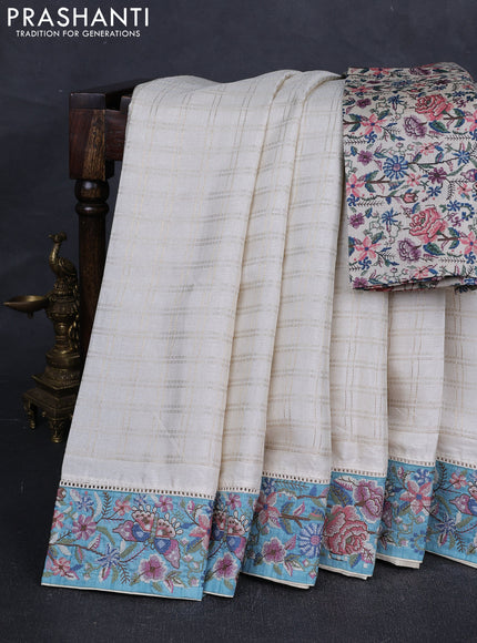 Off White & Teal Green Semi Tussar Embroidery Saree - Printed Blouse
