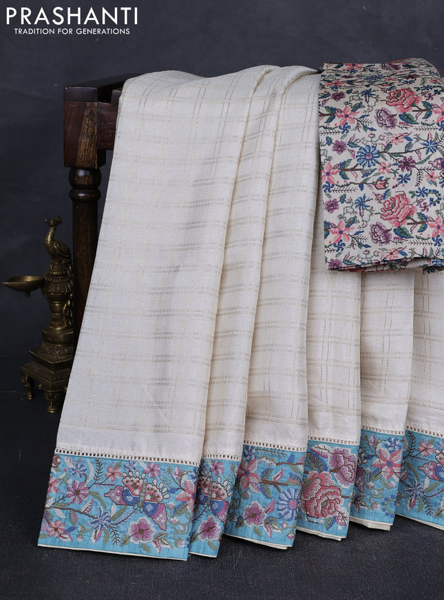 Off White & Teal Green Semi Tussar Embroidery Saree - Printed Blouse