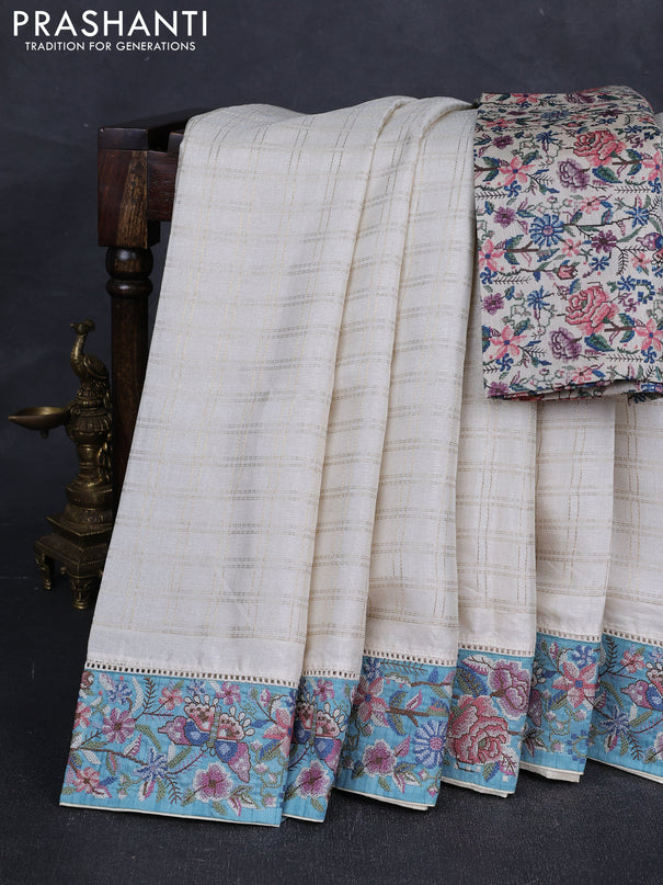 Off White & Teal Green Semi Tussar Embroidery Saree - Printed Blouse