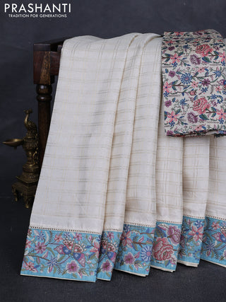Off White & Teal Green Semi Tussar Embroidery Saree - Printed Blouse
