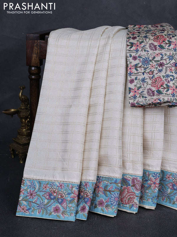Off White & Teal Green Semi Tussar Embroidery Saree - Printed Blouse