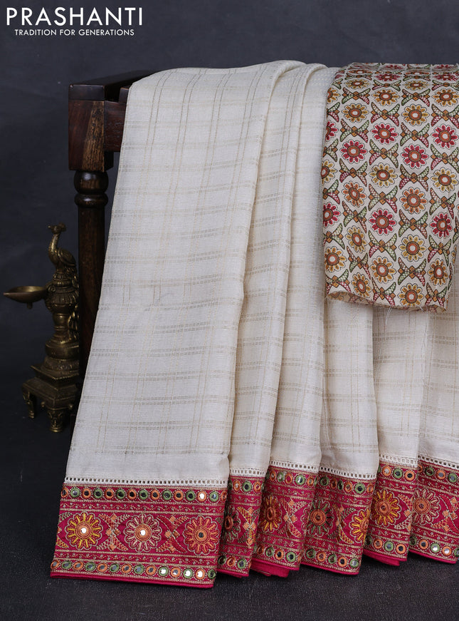 Off White & Pink Semi Tussar Saree - Embroidery Work