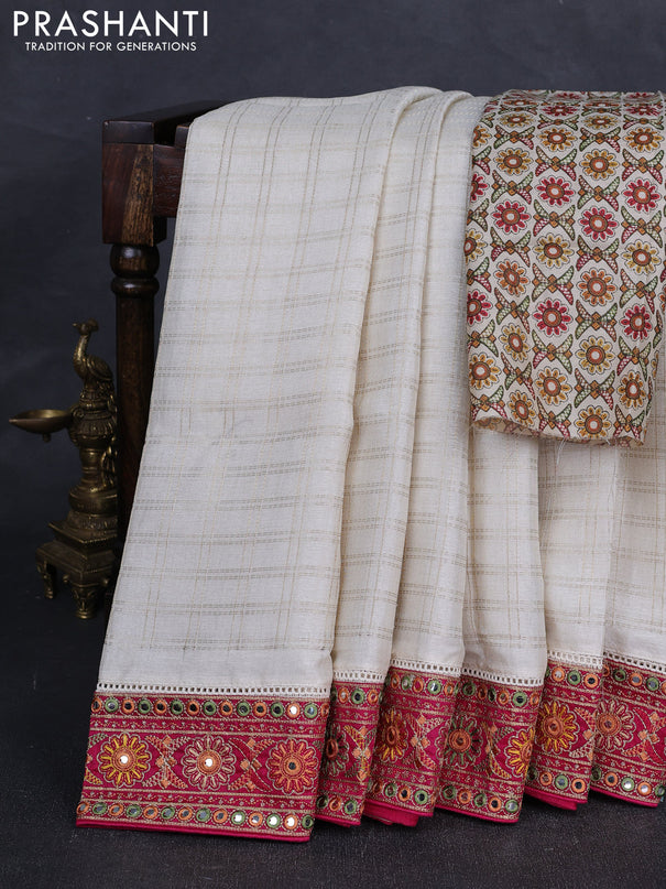 Off White & Pink Semi Tussar Saree - Embroidery Work