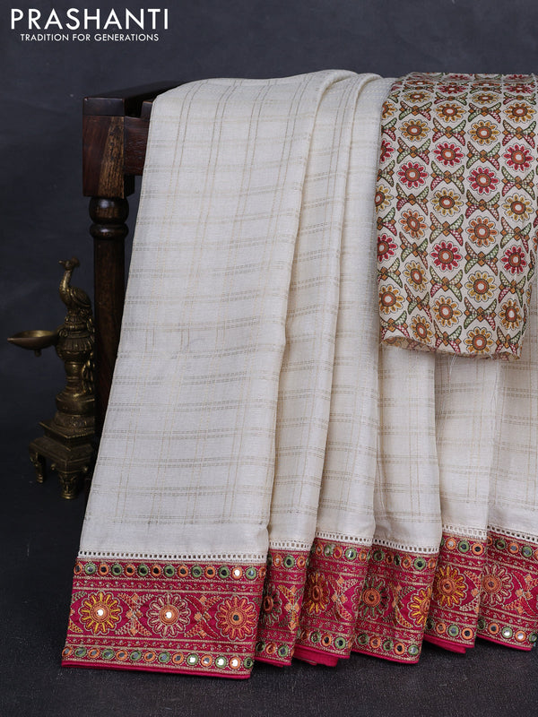 Off White & Pink Semi Tussar Saree - Embroidery Work