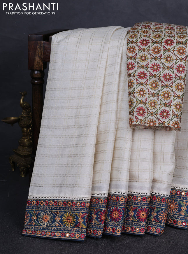 Off White & Peacock Green Semi Tussar Saree - Embroidery Work