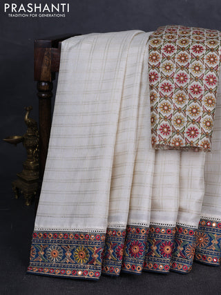 Off White & Peacock Green Semi Tussar Saree - Embroidery Work