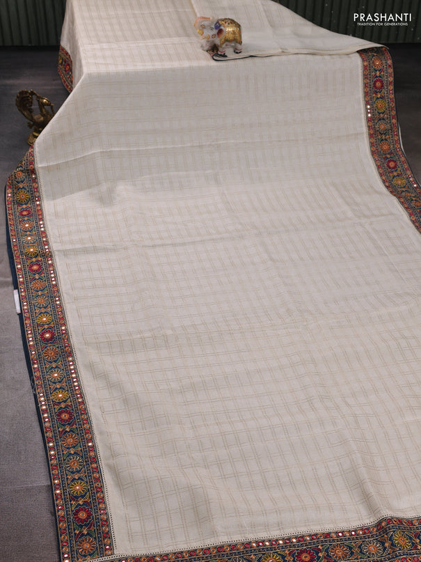 Off White & Peacock Green Semi Tussar Saree - Embroidery Work