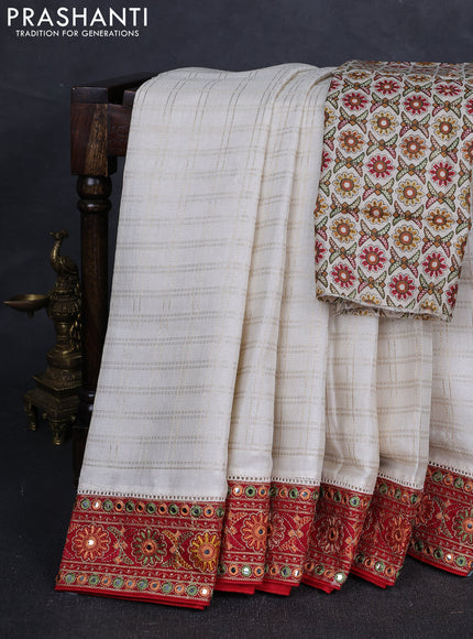 Off White & Maroon Semi Tussar Saree - Embroidery Work