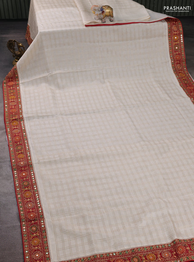 Off White & Maroon Semi Tussar Saree - Embroidery Work