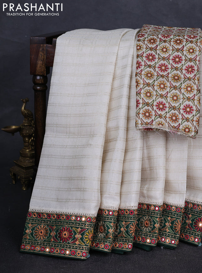 Off White & Green Semi Tussar Saree - Embroidery Work