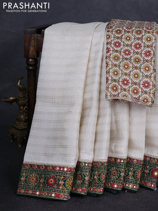 Off White & Green Semi Tussar Saree - Embroidery Work