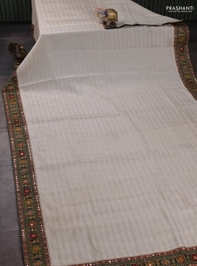 Off White & Green Semi Tussar Saree - Embroidery Work