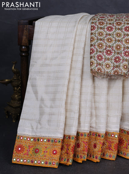 Off White & Yellow Semi Tussar Saree - Embroidery Work