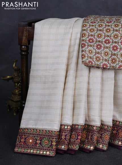 Off White & Wine Semi Tussar Saree - Embroidery Work