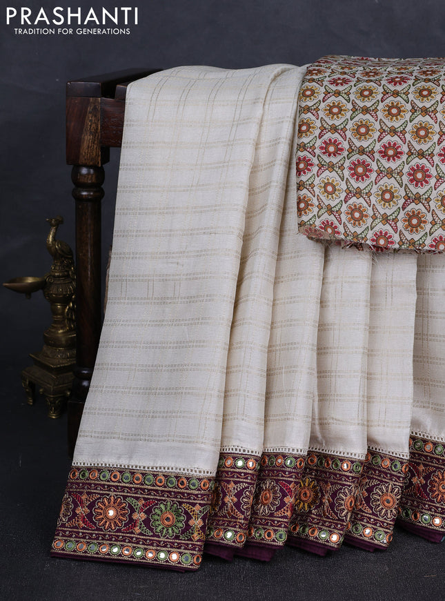Off White & Wine Semi Tussar Saree - Embroidery Work