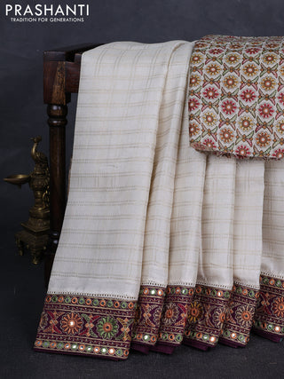 Off White & Wine Semi Tussar Saree - Embroidery Work