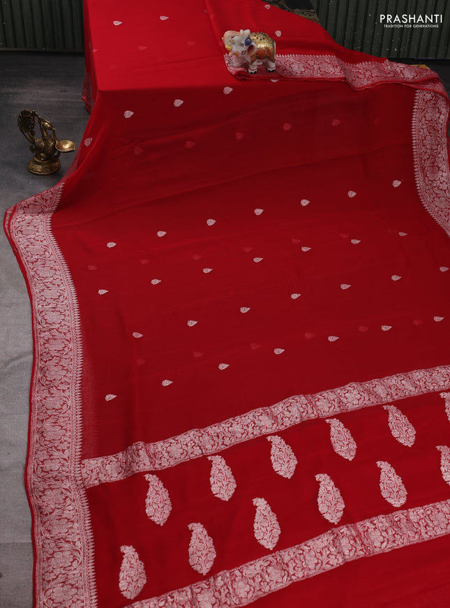 Red Banarasi Chiffon Saree - Buttas
