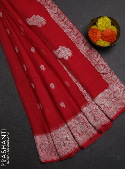 Tomato Pink  Banarasi Chiffon Saree - Buttas