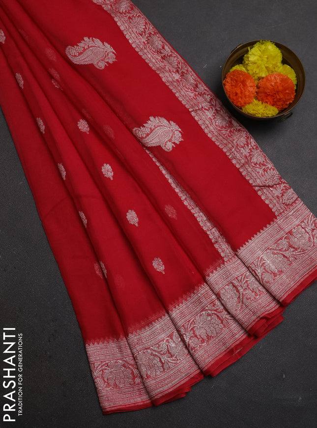 Tomato Pink  Banarasi Chiffon Saree - Buttas