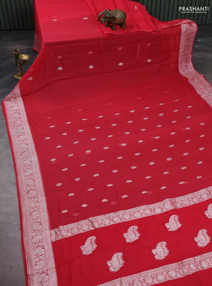 Tomato Pink  Banarasi Chiffon Saree - Buttas