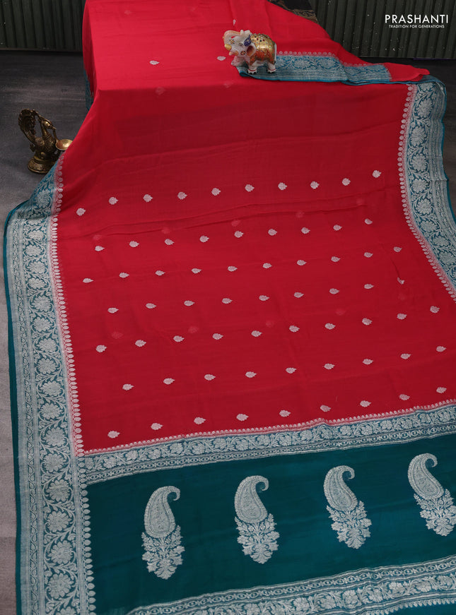 Pink & Teal Blue Banarasi Chiffon Saree - Buttas