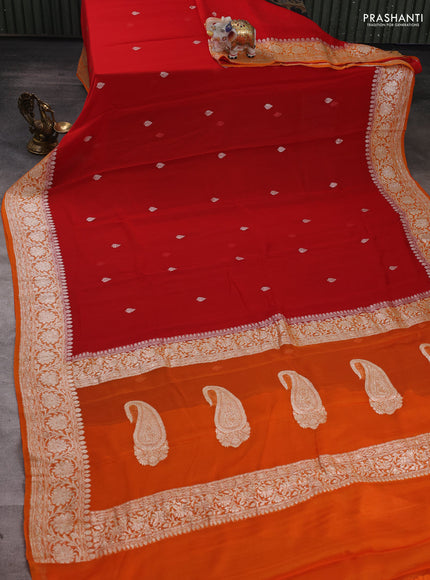 Red & Orange Banarasi Chiffon Saree - Buttas