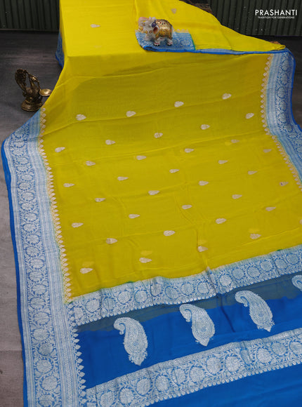 Yellow & Cs Blue Banarasi Chiffon Saree - Buttas