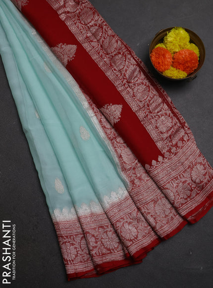 Teal Blue & Red Banarasi Chiffon Saree - Buttas