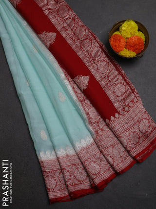 Teal Blue & Red Banarasi Chiffon Saree - Buttas
