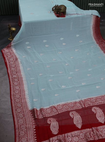 Teal Blue & Red Banarasi Chiffon Saree - Buttas