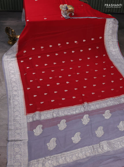 Red & Grey Banarasi Chiffon Saree - Buttas