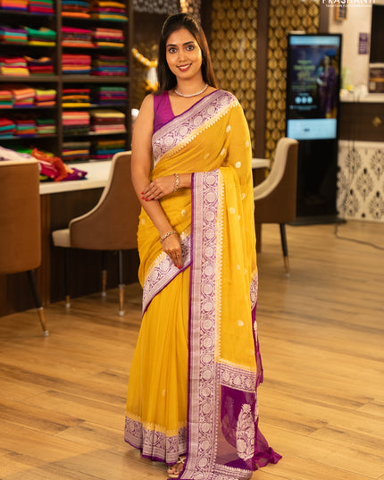 Yellow & Violet Banarasi Chiffon Saree - Buttas