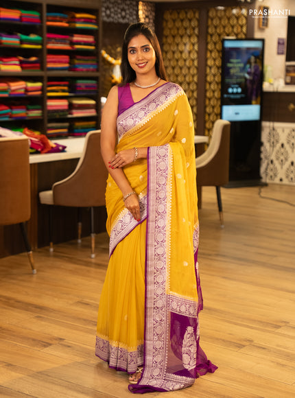 Yellow & Violet Banarasi Chiffon Saree - Buttas