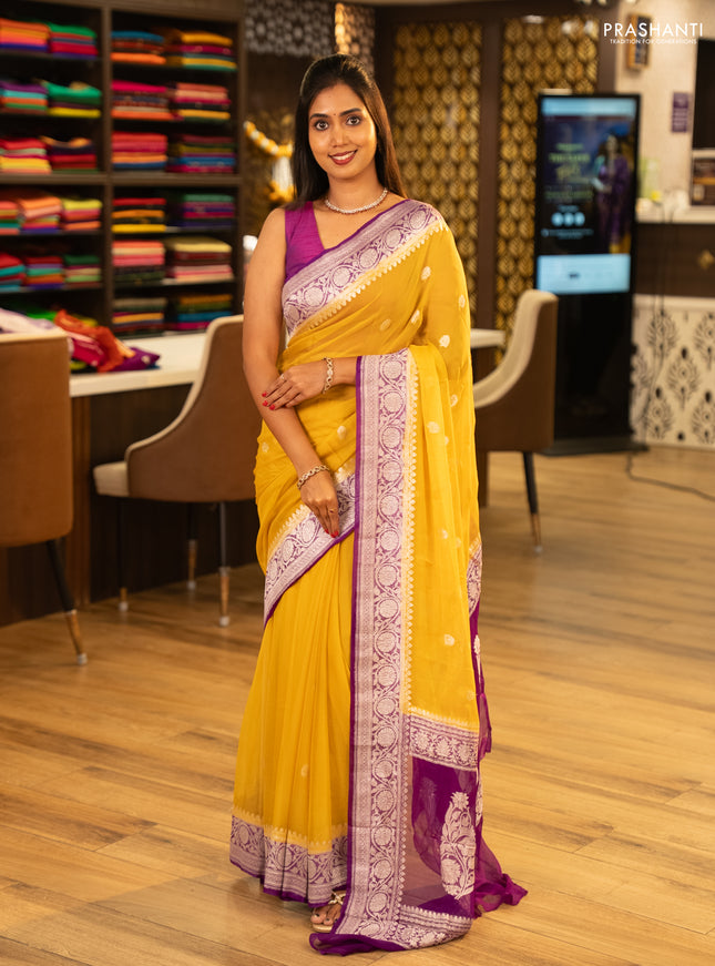 Yellow & Violet Banarasi Chiffon Saree - Buttas