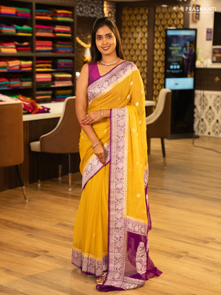Yellow & Violet Banarasi Chiffon Saree - Buttas