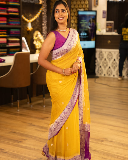Yellow & Violet Banarasi Chiffon Saree - Buttas