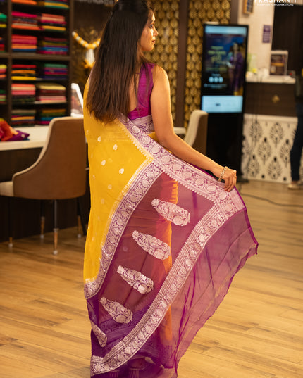 Yellow & Violet Banarasi Chiffon Saree - Buttas