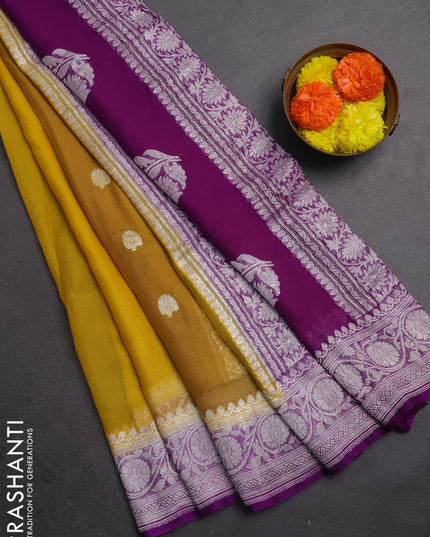 Yellow & Violet Banarasi Chiffon Saree - Buttas