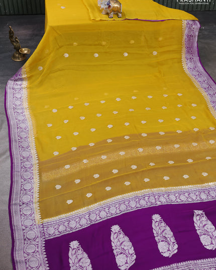 Yellow & Violet Banarasi Chiffon Saree - Buttas