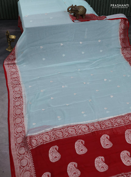 Pastel Blue & Red Banarasi Chiffon Saree - Buttas