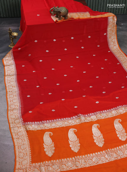 Red & Orange Banarasi Chiffon Saree - Buttas