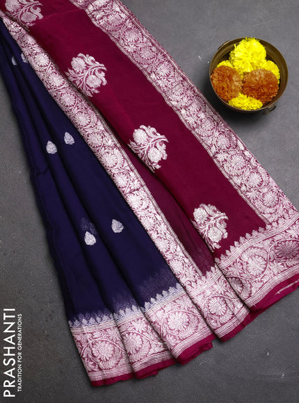 Navy Blue & Pink Banarasi Chiffon Saree - Buttas