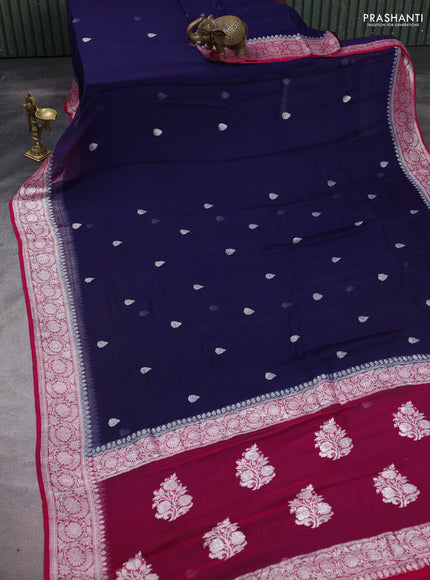 Navy Blue & Pink Banarasi Chiffon Saree - Buttas