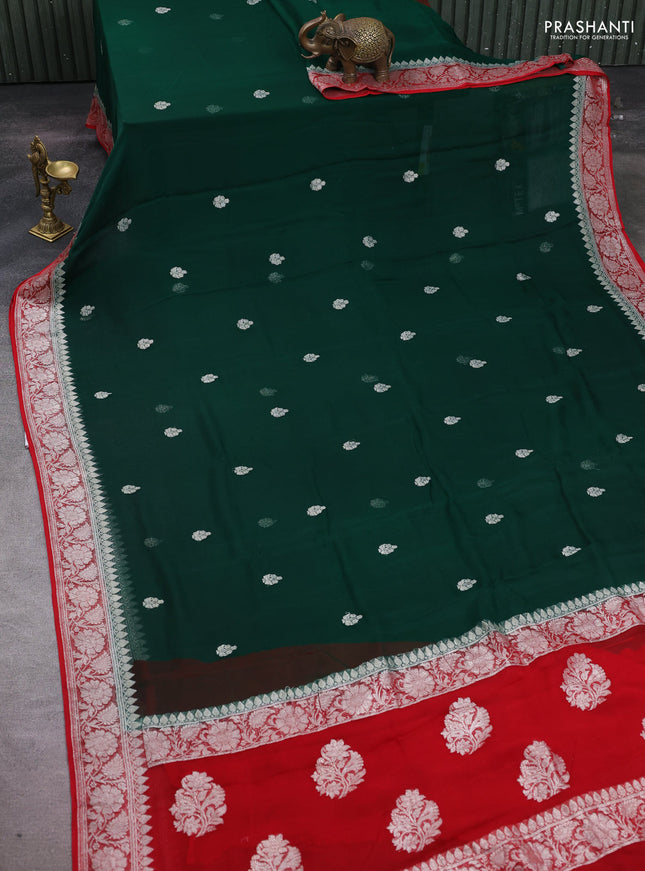 Green & Red Banarasi Chiffon Saree - Buttas
