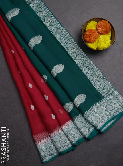 Tomato Pink & Teal Green Banarasi Chiffon Saree - Buttas