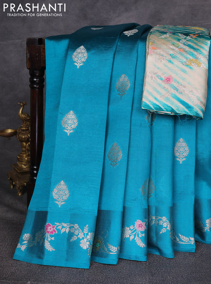 Teal Blue & Beige Poona Silk Saree - Shibori Blouse