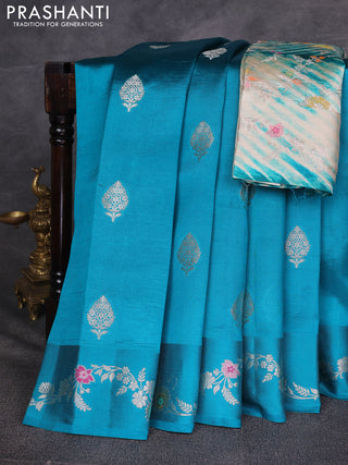 Teal Blue & Beige Poona Silk Saree - Shibori Blouse