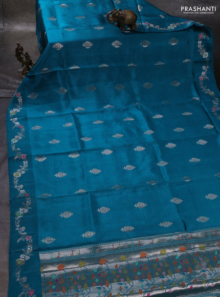 Teal Blue & Beige Poona Silk Saree - Shibori Blouse